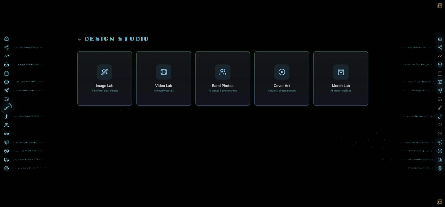Design Studio with Image Lab, Video Lab, Band Photos, Cover Art, and Merch Lab in the Indiependr dashboard
