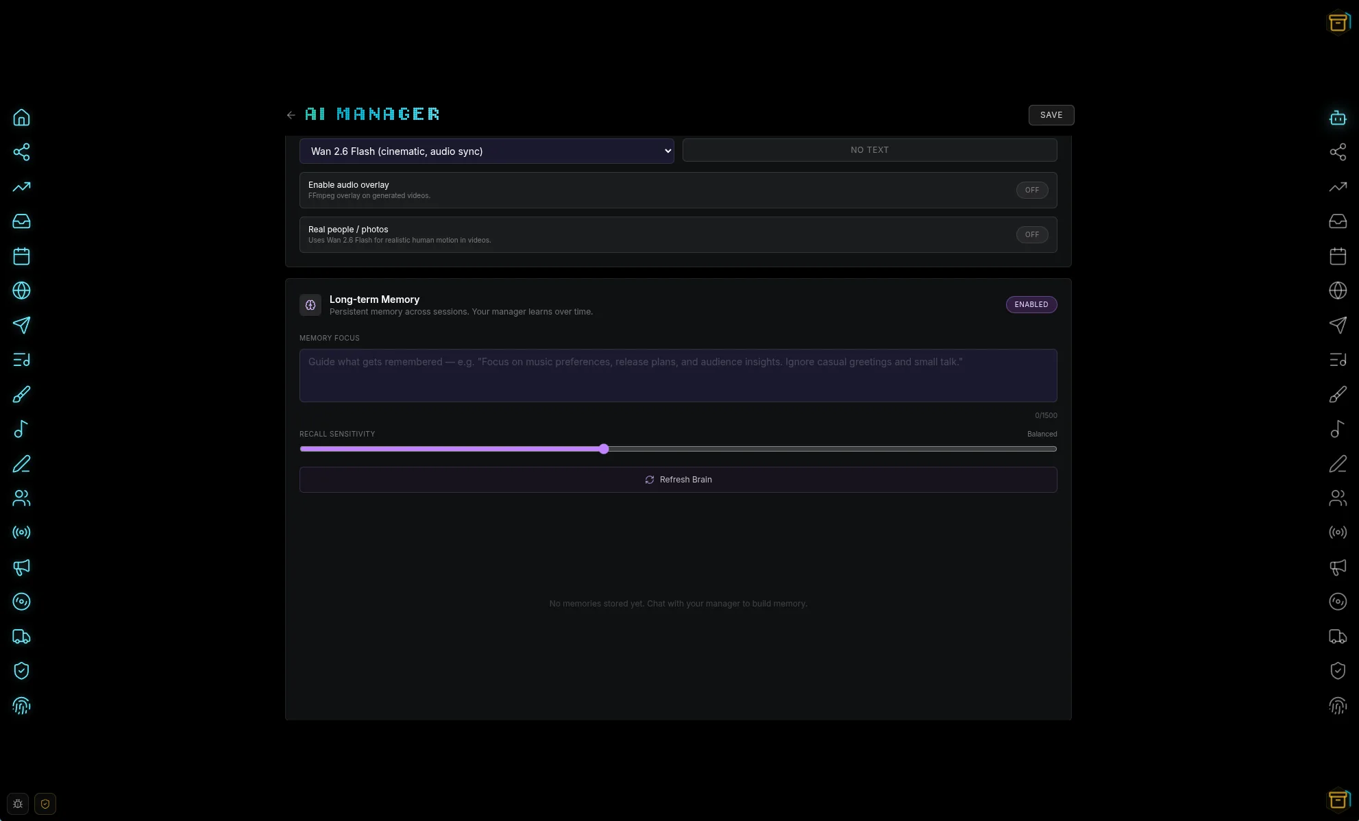 AI Manager settings with model and memory configuration