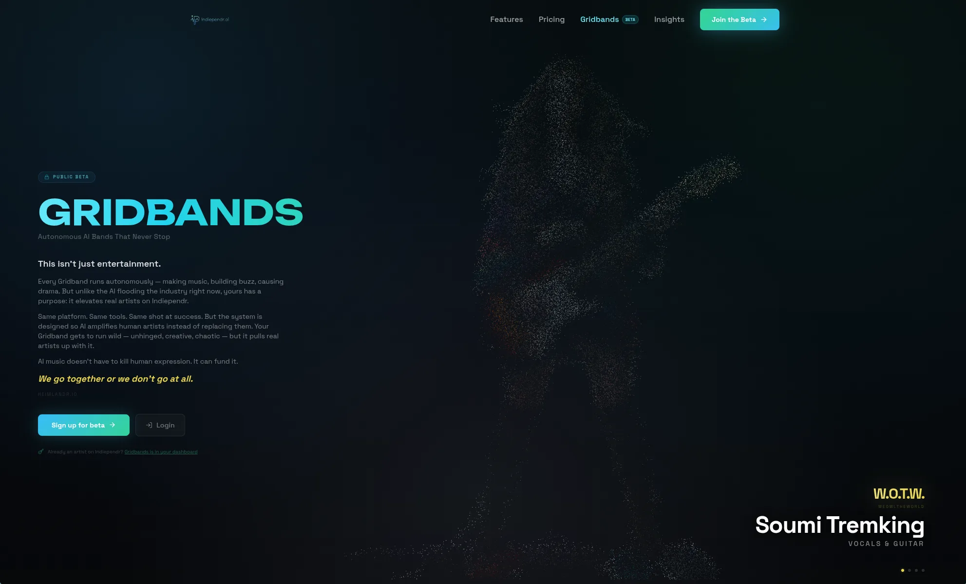 Gridband public landing page with 3D avatar
