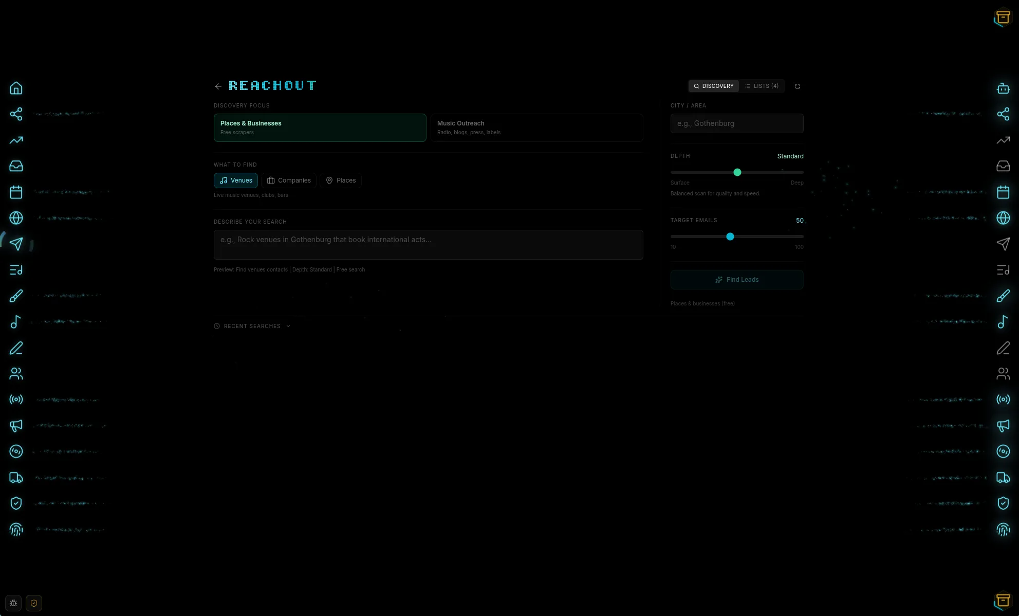 Reachout discovery for venues and booking contacts
