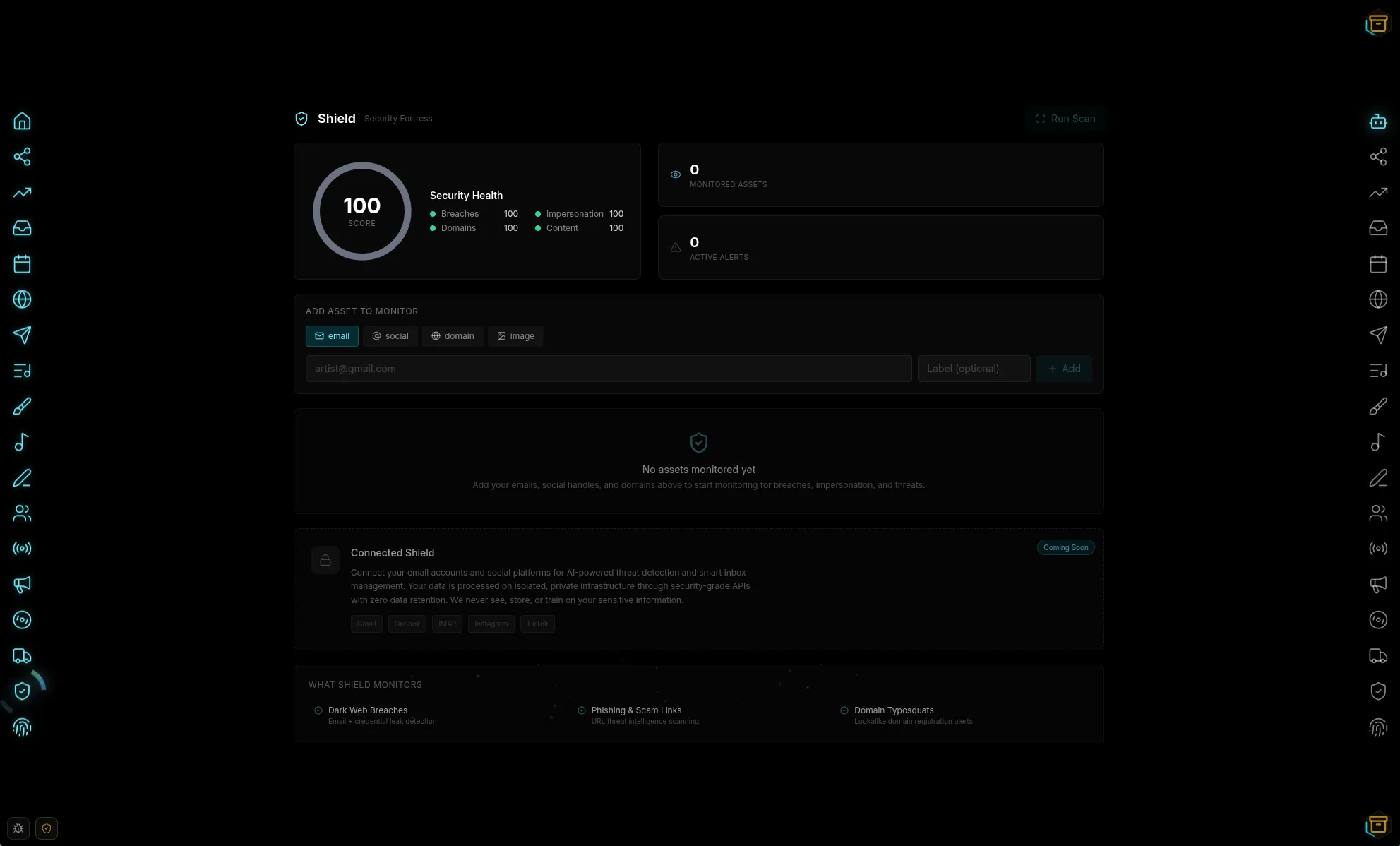 Shield security dashboard with health score and asset monitoring