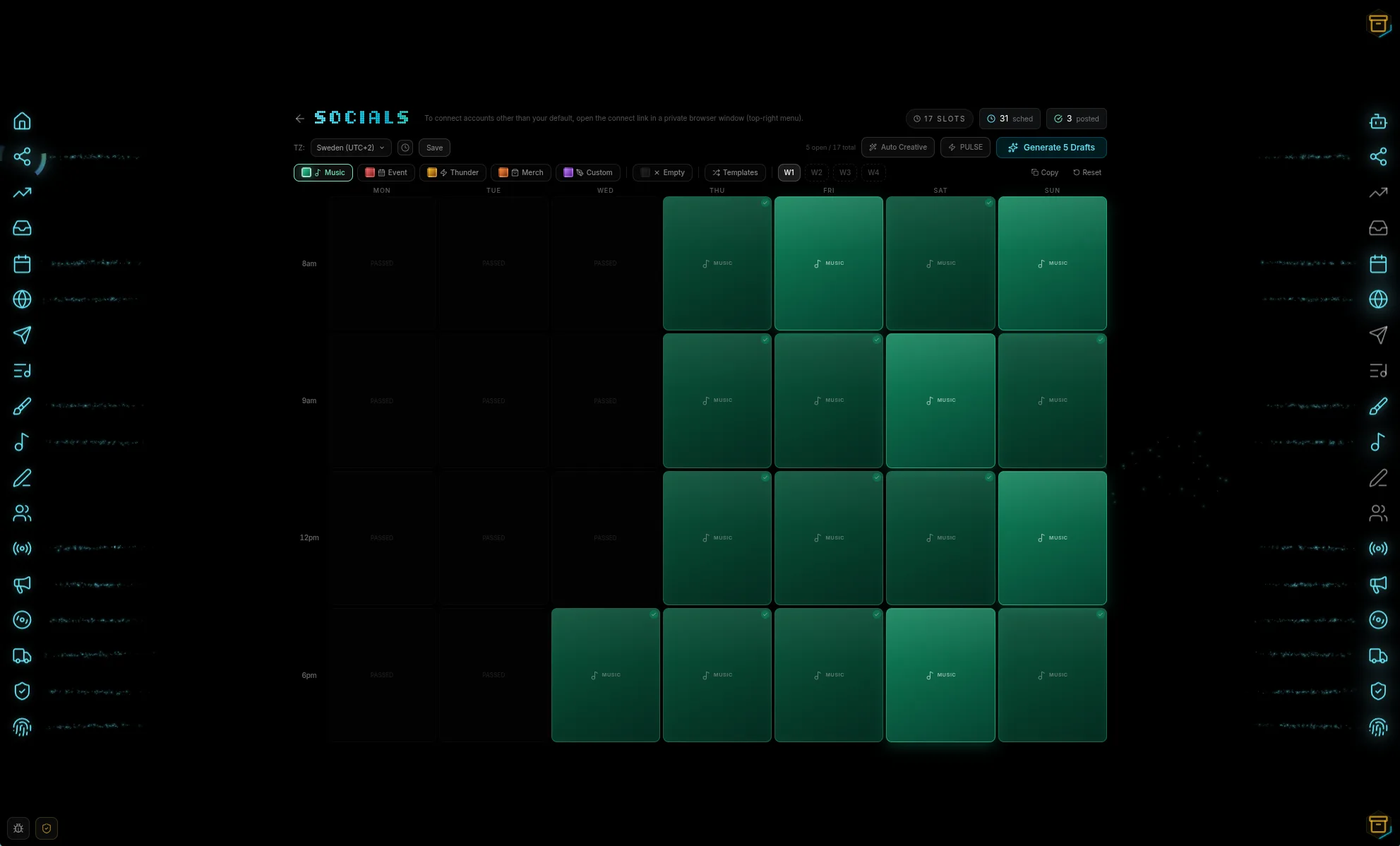 Social media calendar with weekly posting grid