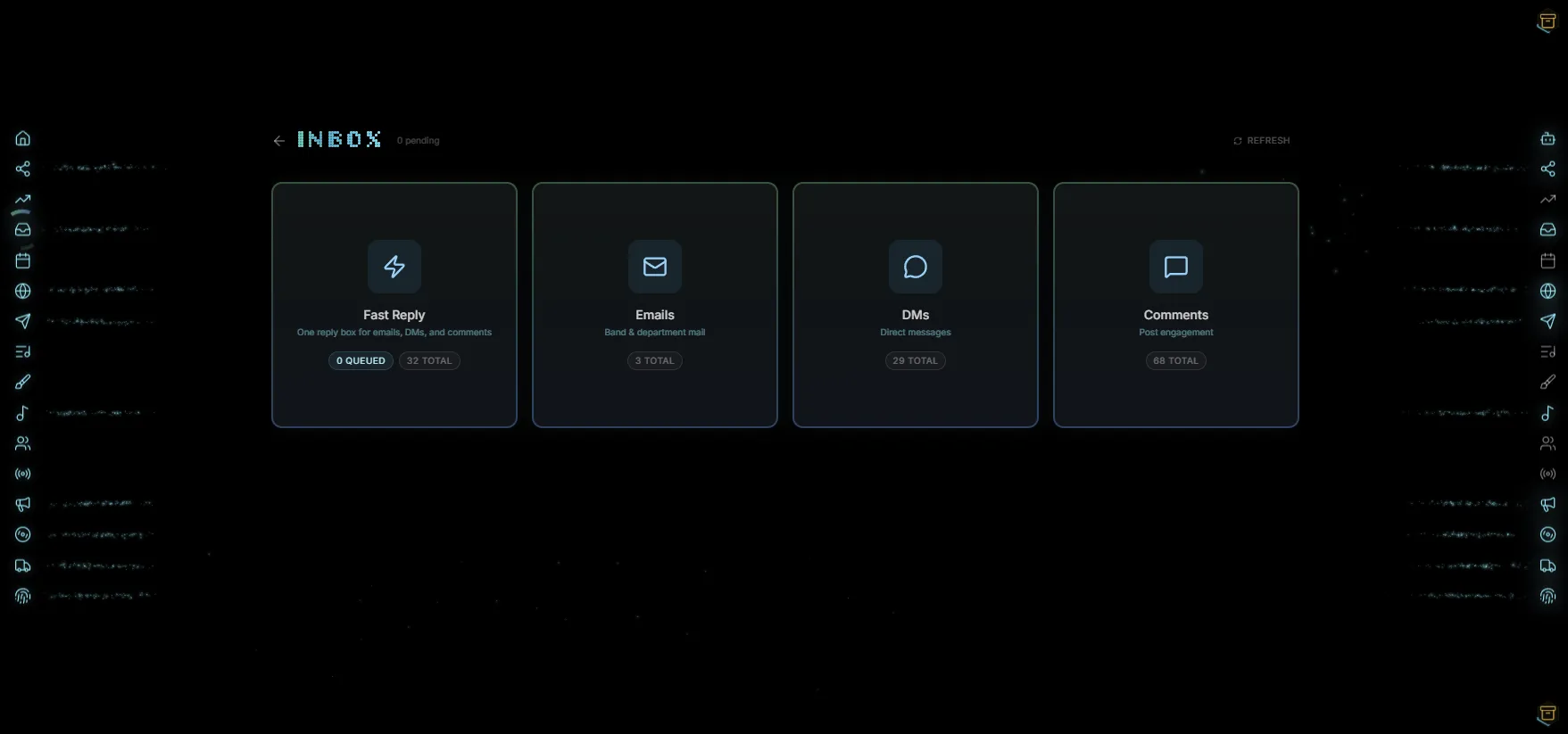 Inbox hub with Fast Reply, Emails, DMs, and Comments unified in the Indiependr dashboard