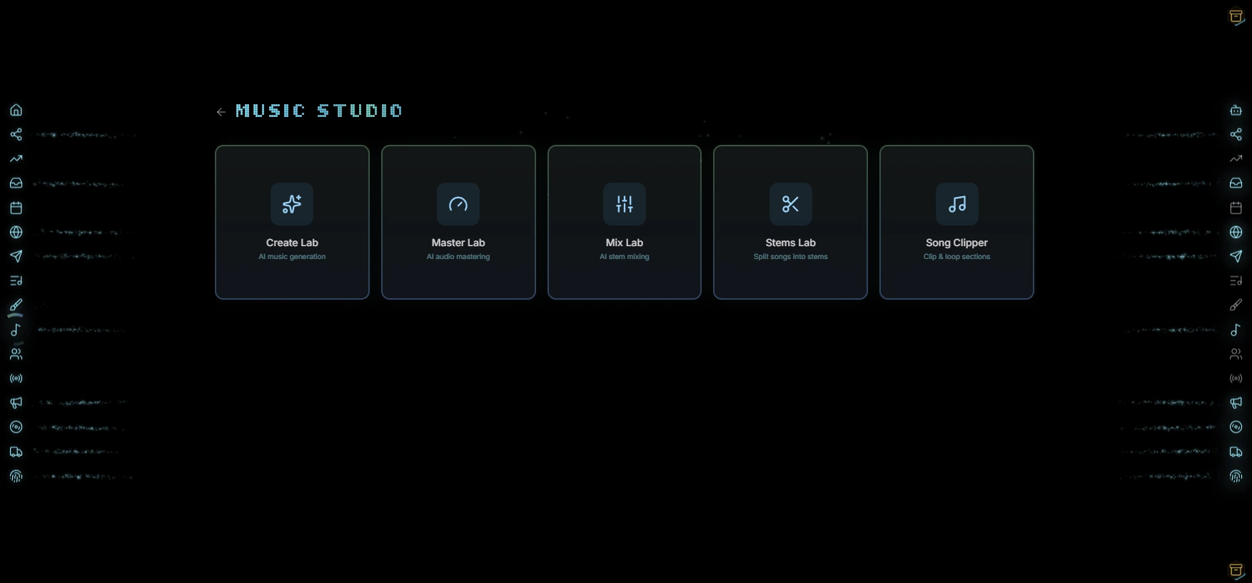 Music Studio with Create Lab, Master Lab, Mix Lab, Stems Lab, and Song Clipper in the Indiependr dashboard