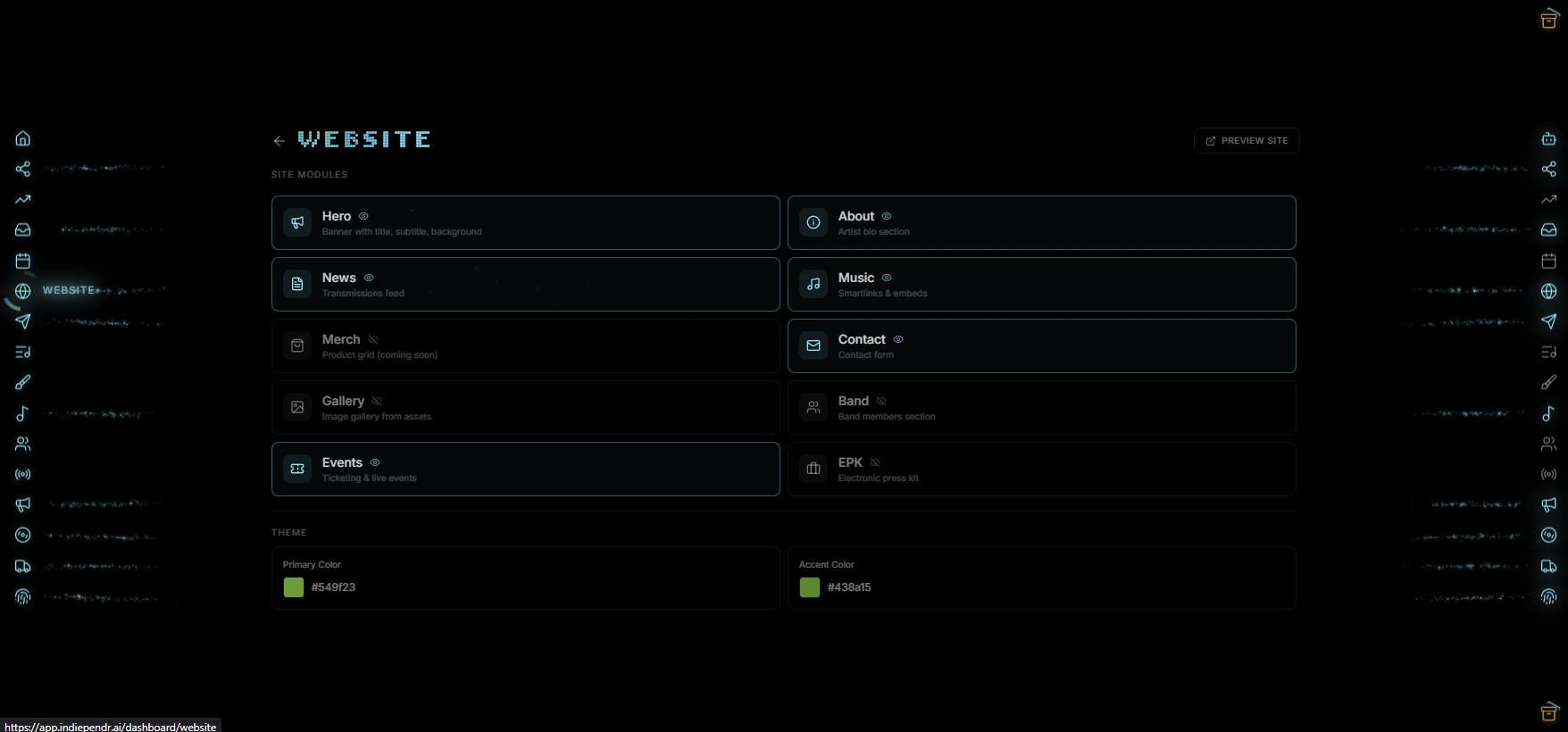 Website module configuration with Hero, News, Music, Events, and theme settings in the Indiependr dashboard